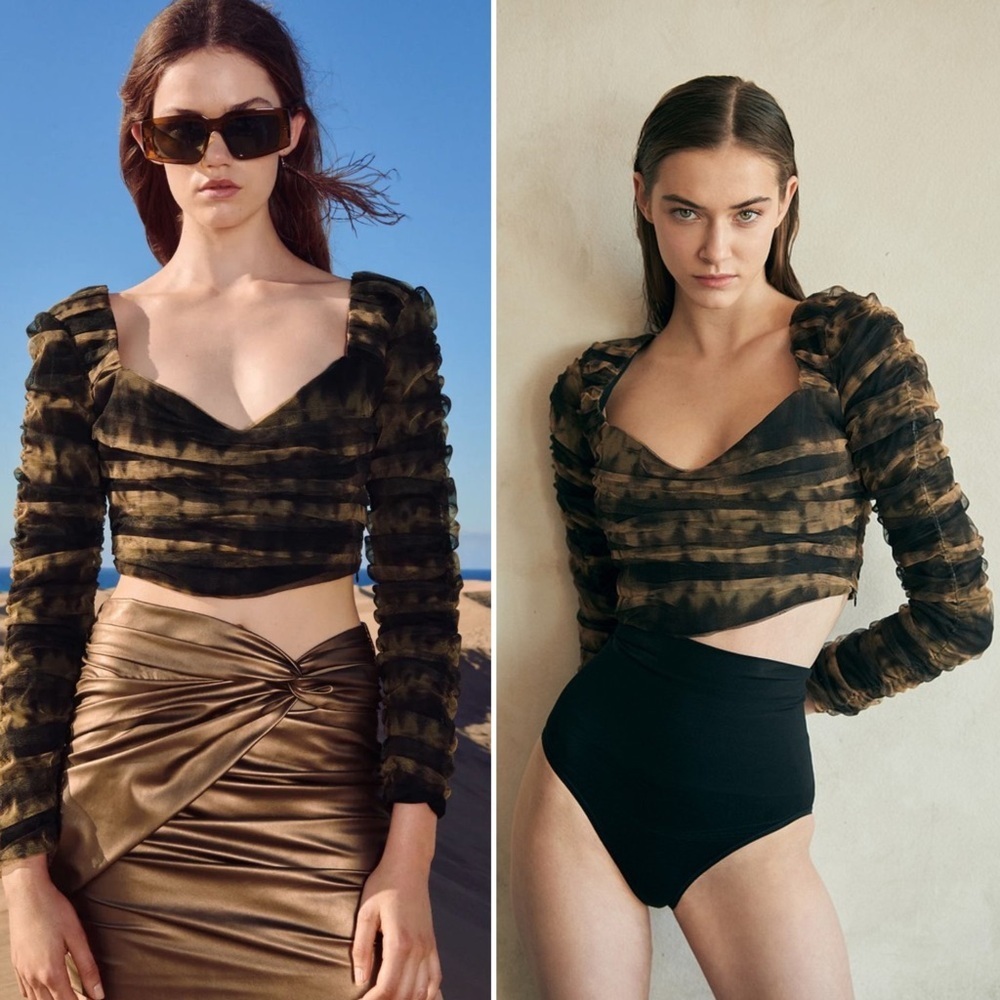 Zara Black Corsetry Tulle Long Sleeve Crop Top Women’s Size Small